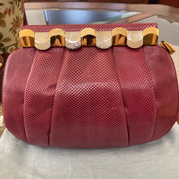 Pre-Loved Authentic Judith Leiber Burgundy Karung Handbag - Picture 2 of 6